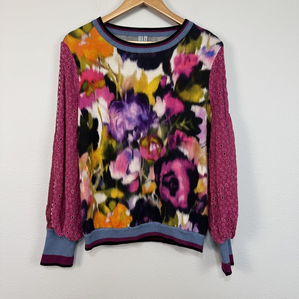 Blank London Sweater Women's Small Floral Print Sheer Eyelet Sleeve Pullover